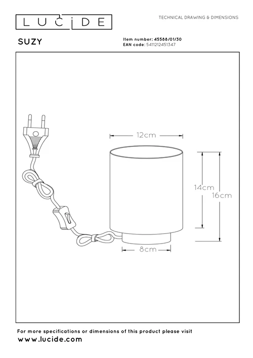 Lucide SUZY - Tafellamp - Ø 12 cm - 1xE14 - Zwart - technisch